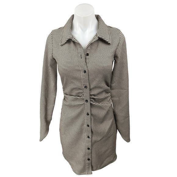 Zara Black Tan Houndstooth Ruched Long Sleeve Collar Button Mini Shirt Dress S - Picture 1 of 5